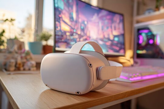 Close-up shot of virtual reality headset on a wooden desk with gaming PC and monitors in the background, depicting modern technology and immersive experiences.