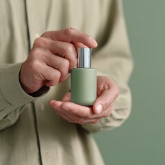 Olive Green Elegance: Hands Presenting a Modern Cosmetic Bottle