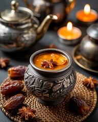 Fototapeta premium Aromatic spiced date drink in ornate pot