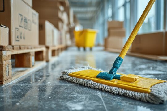 Close up of a mop cleaning the floor of a warehouse with boxes in the background showing a commitment to hygiene and workplace safety protocols.