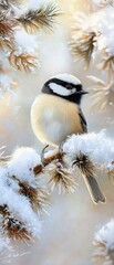Digital painting of a bird perched on a branch of a pine tree. the bird is a chickadee, with a black and white striped head and a yellow body.
