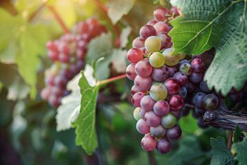Close-Up of Ripe Red Grapes on Vine Surrounded by Green Leaves
