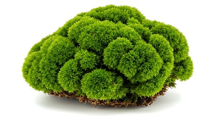 A vibrant clump of fresh green cushion moss, showcased in a detailed close-up and perfectly isolated on a clean white background.