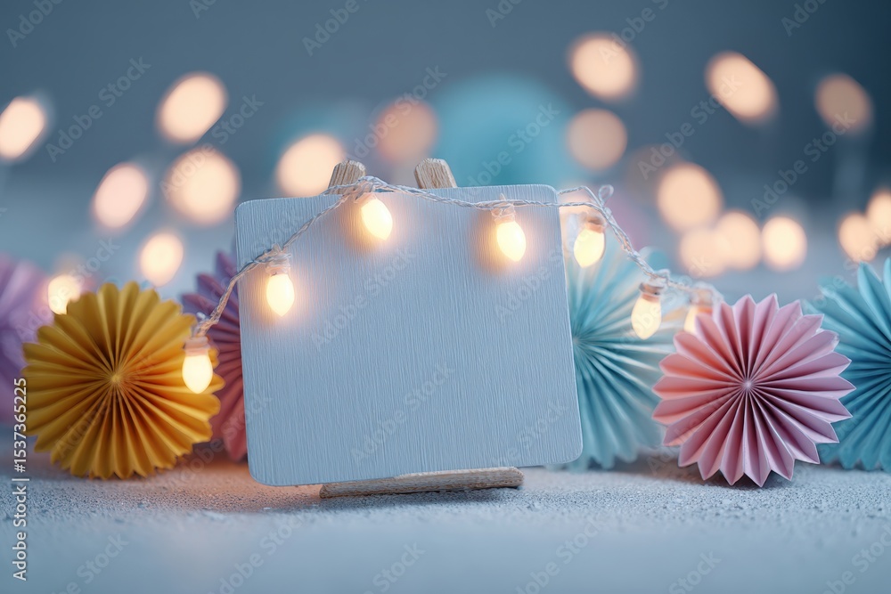 Poster a festive and enchanting display of colorful paper decorations and twinkling fairy lights, creating 