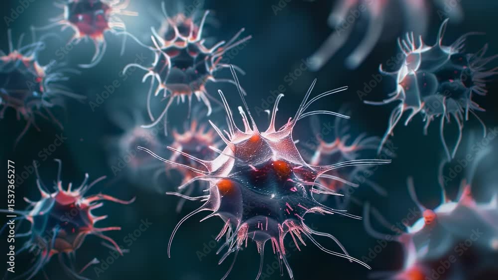 Poster detailed microscopic view of virus cells with spiky projections in a blue and red color scheme
