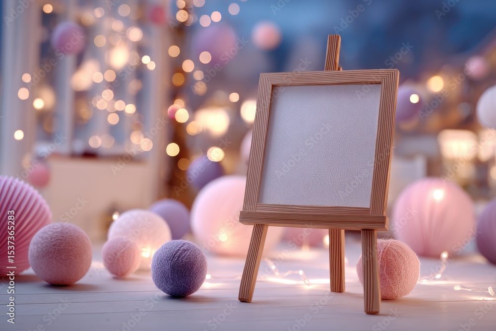 Poster a festive holiday scene with a blank canvas on an easel, surrounded by pastel-colored balls and stri