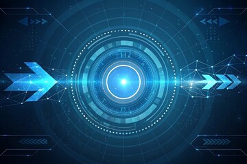 Fototapeta premium Dark Blue Tech Background With Glowing Arrows And Concentric Patterns