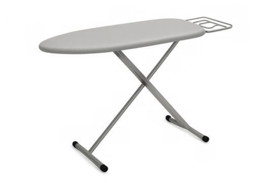 Metallic ironing board standing on transparent backdrop, highlighting sleek design for pressing garments and home maintenance