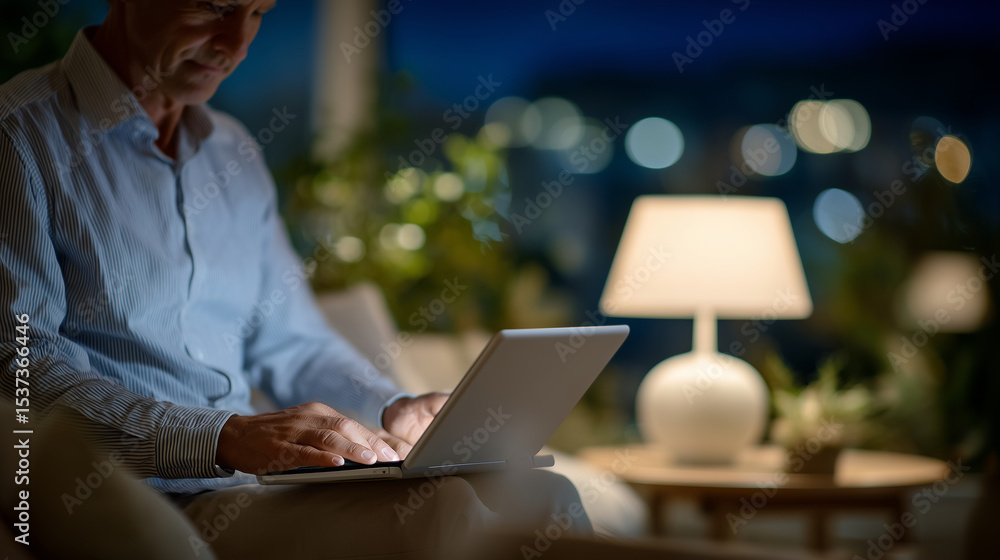 Poster person adjusting desk lamp while focusing on tablet screen in warm and inviting workspace