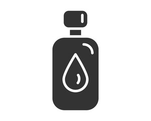 Elegant, minimalistic icon of a bottle with a water drop symbol. Useful for representing liquid products, skincare, essential oils, or hydration. Glyph style.