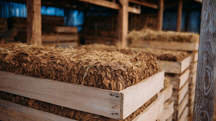 Close-up of dried tobacco leaves stacked in wooden crates inside a rustic barn