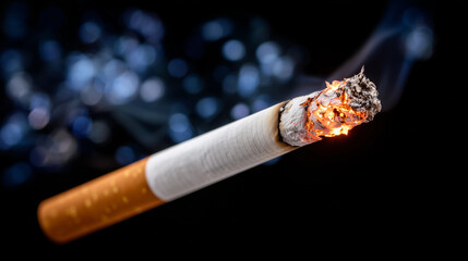 Close-up of lit cigarette burning with glowing ember and thin smoke rising against dark background