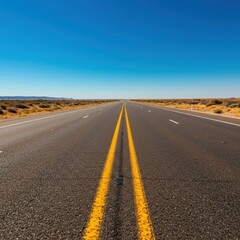 Naklejka premium Endless Asphalt Road Through Arid Desert Under Bright Blue Sky