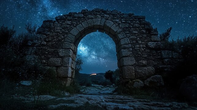 A stone archway, possibly ancient ruins, frames a breathtaking view of the night sky, showcasing the Milky Way galaxy above a dark, rolling landscape.  A faint light is visible in the distance