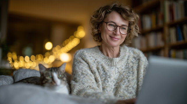Woman participates in video conference from cozy bedroom workspace, soft light, books and cat in background