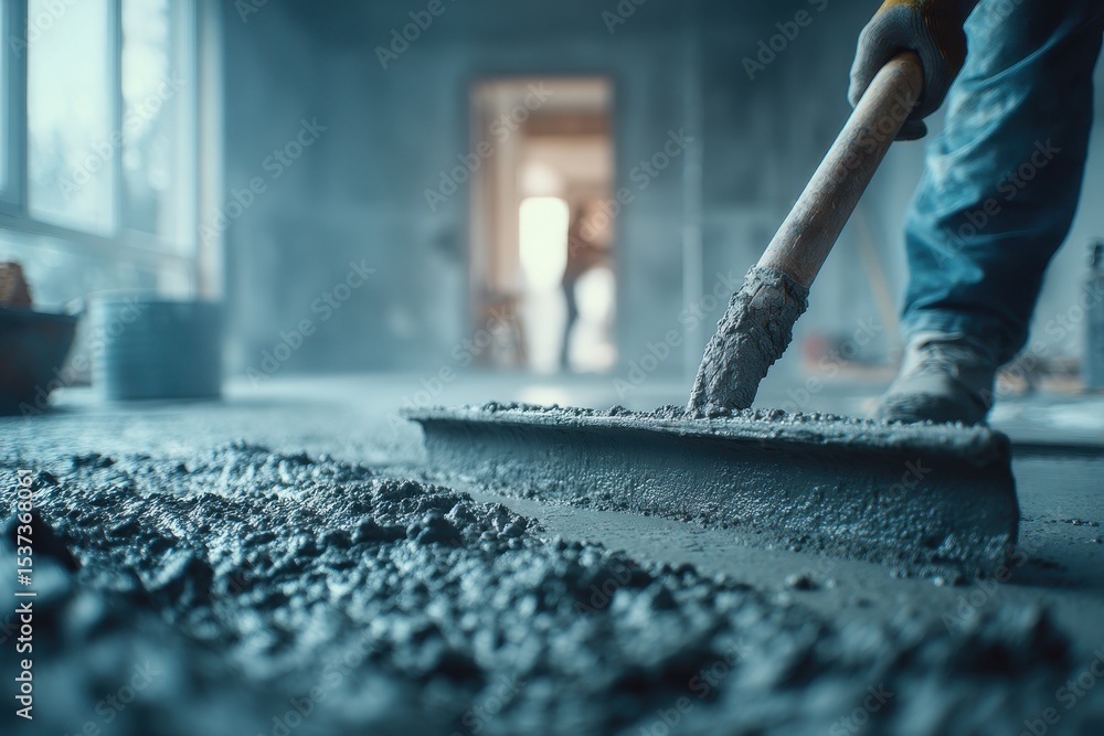 Aufkleber a construction worker leveling a concrete floor with a bull float in a newly built or renovated spac