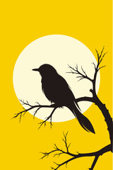 Bird, Branch, Moon, Sun, Poetry, Book, Story, Cover, Road, Yellow, Journey, Mountain, Winter, Snow, Tree, Hill, Departure, Passage, Artwork, Vector