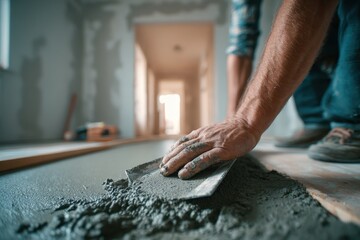 A construction worker carefully smoothing a concrete floor with a trowel, demonstrating precision and skill in the renovation of an interior space.