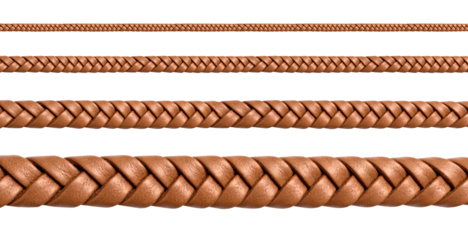 Four brown leather braids forming a decorative seamless pattern on transparent background