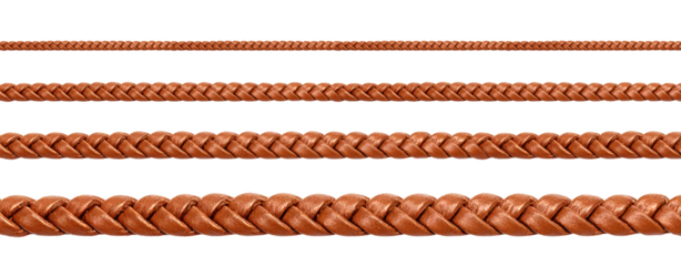 Four brown leather braids of different thicknesses creating a beautiful pattern on transparent background