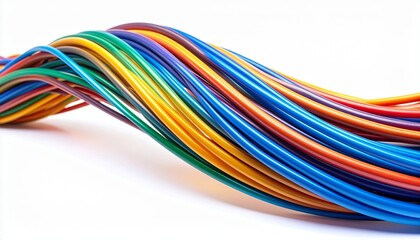 Colorful electrical cables forming a wave on white background