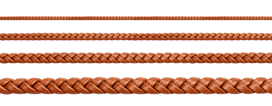 Four brown leather braids of different thicknesses creating a beautiful pattern on transparent background
