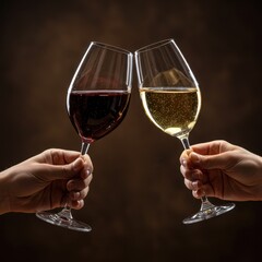 Two Hands Toasting with Red and White Wine Glasses