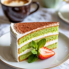 Delicious matcha cake slice with cocoa and strawberry
