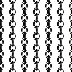 Obraz premium Distressed vertical metal chains seamless pattern with retro photocopy effect. Black monochrome print design with grainy stippling texture Grunge vector illustration isolated on transparent background
