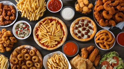 Delicious Variety of Fast Food Pizza, Fries, Seafood, and More