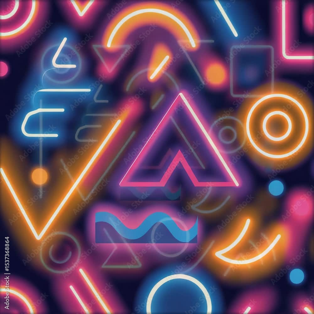 Poster colorful neon shapes illuminate a dark background in an abstract design displaying dynamic geometric