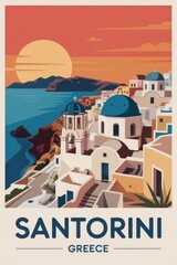 Retro Travel Poster of Santorini Island at Sunset, Greece