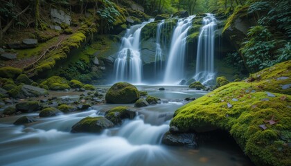 Serene Waterfall Cascading Through Lush Mossy Landscape
