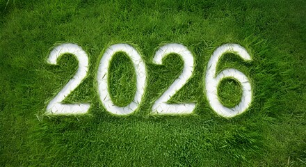 Beautiful View Of New Year 2026 Write On Green Grass Field , Happy New Year , New Startup 