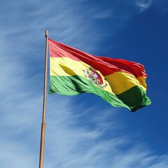 National flag of Bolivia, vibrant colors in a clear blue sky