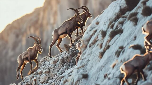 Herd of ibexes scaling rocky mountain at golden hour.