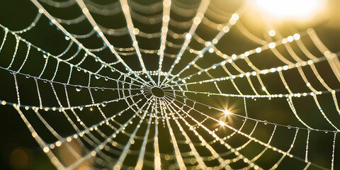 Obraz premium Dew-Covered Spider Web Glistening in Sunlight
