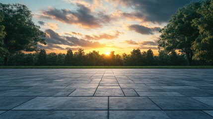 Empty square floor and green forest with beautiful sky clouds at sunset