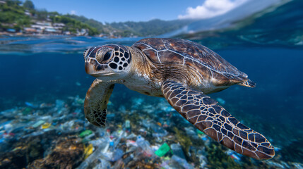 Fototapeta premium Ocean choked with plastic waste, sea turtle swimming near floating debris, symbol of marine pollution crisis