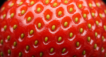 Close-up of fresh strawberry surface with visible seeds and vibrant red texture, macro fruit photography showing natural patterns and detail