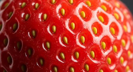 Close-up of fresh strawberry surface with visible seeds and vibrant red texture, macro fruit photography showing natural patterns and detail
