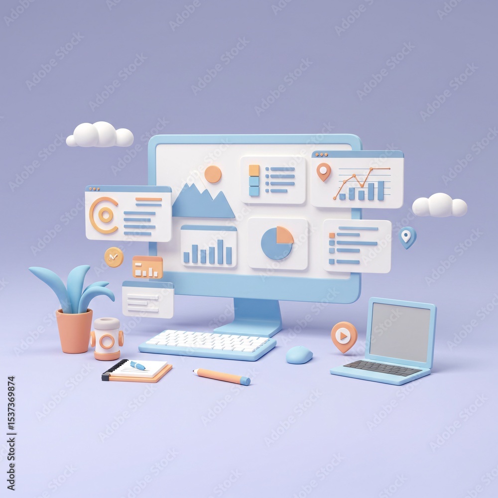 Aufkleber 3d a cheerful and stylized rendering of a desktop workspace, illustrating concepts related to data a