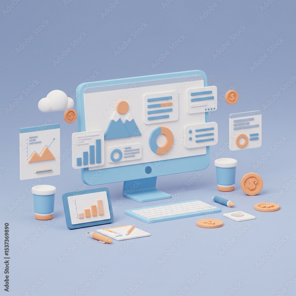 Aufkleber 3d a cheerful and stylized rendering of a desktop workspace, illustrating concepts related to data a