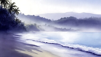 Obraz premium Misty beach scene with palm trees.