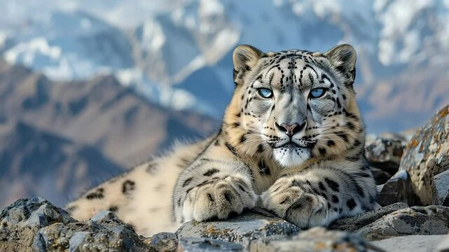 Snow leopard resting on rocky ledge with mountain backdrop