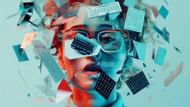 Surreal portrait of a woman with floating keyboard fragments, vibrant colors, and a digital art style