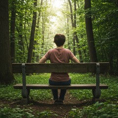 Woman Sitting on Wooden Bench in Lush Green Forest