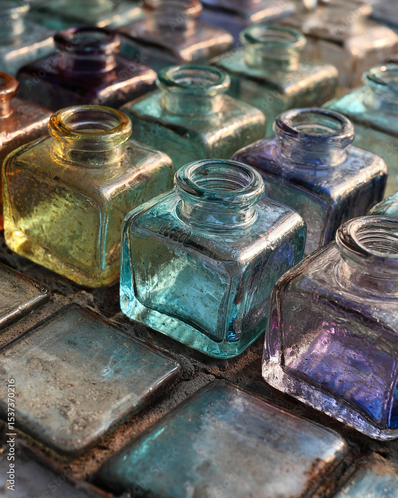 Poster a close up shot of many small square glass bottles with different colors on a mosaic tile surface