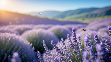 Obraz premium Lavender Field with Flying Bees at Sunset in a Mountain Landscape