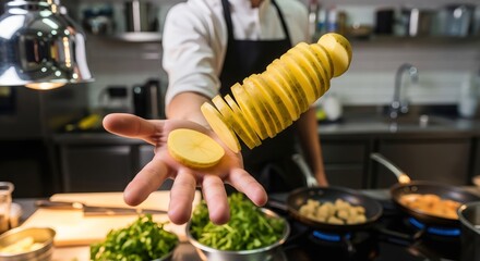 Creative Chef Demonstrates Spiralized Potatoes in Modern Kitchen